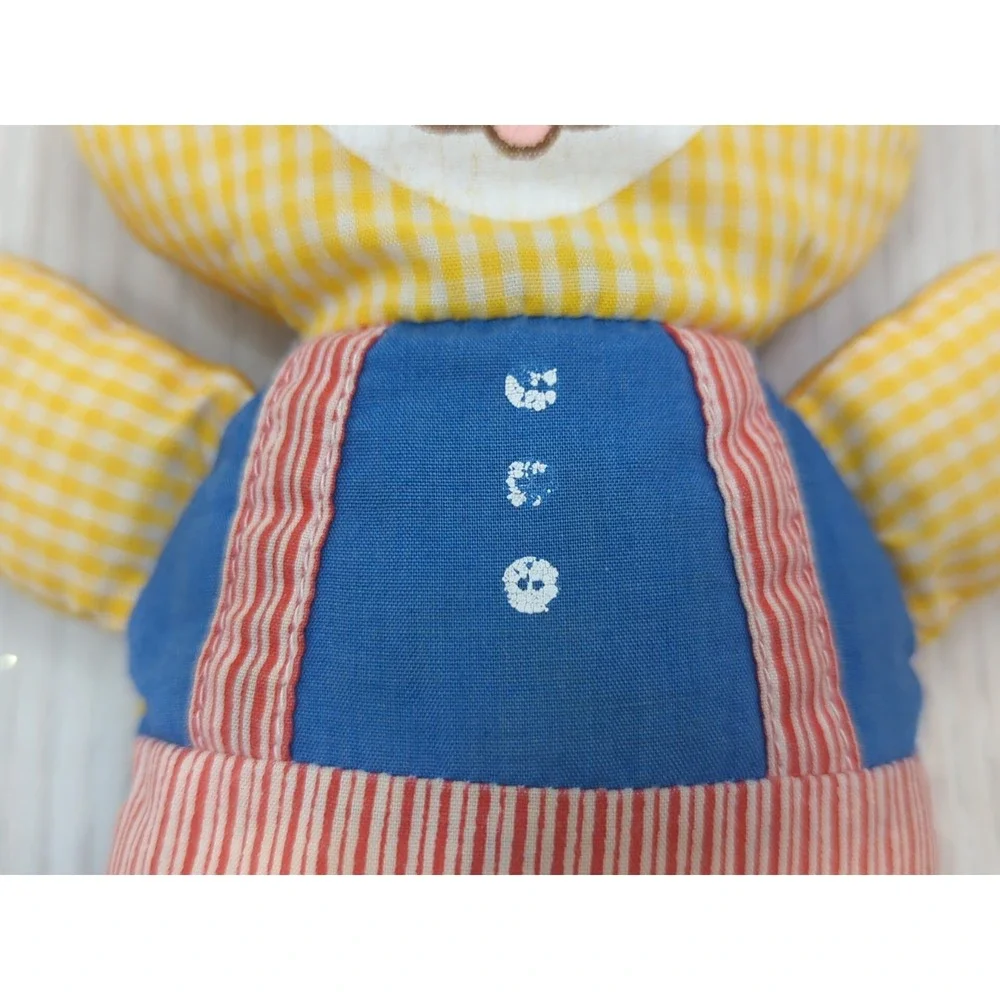 Knickerbocker yellow checked teddy bear vintage‎ plush rattle red blue overalls